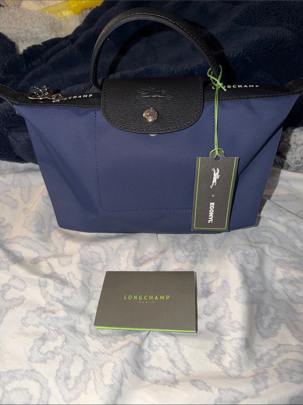 Longchamp large pouch Navy Nylon Tote with Black Leather Trim